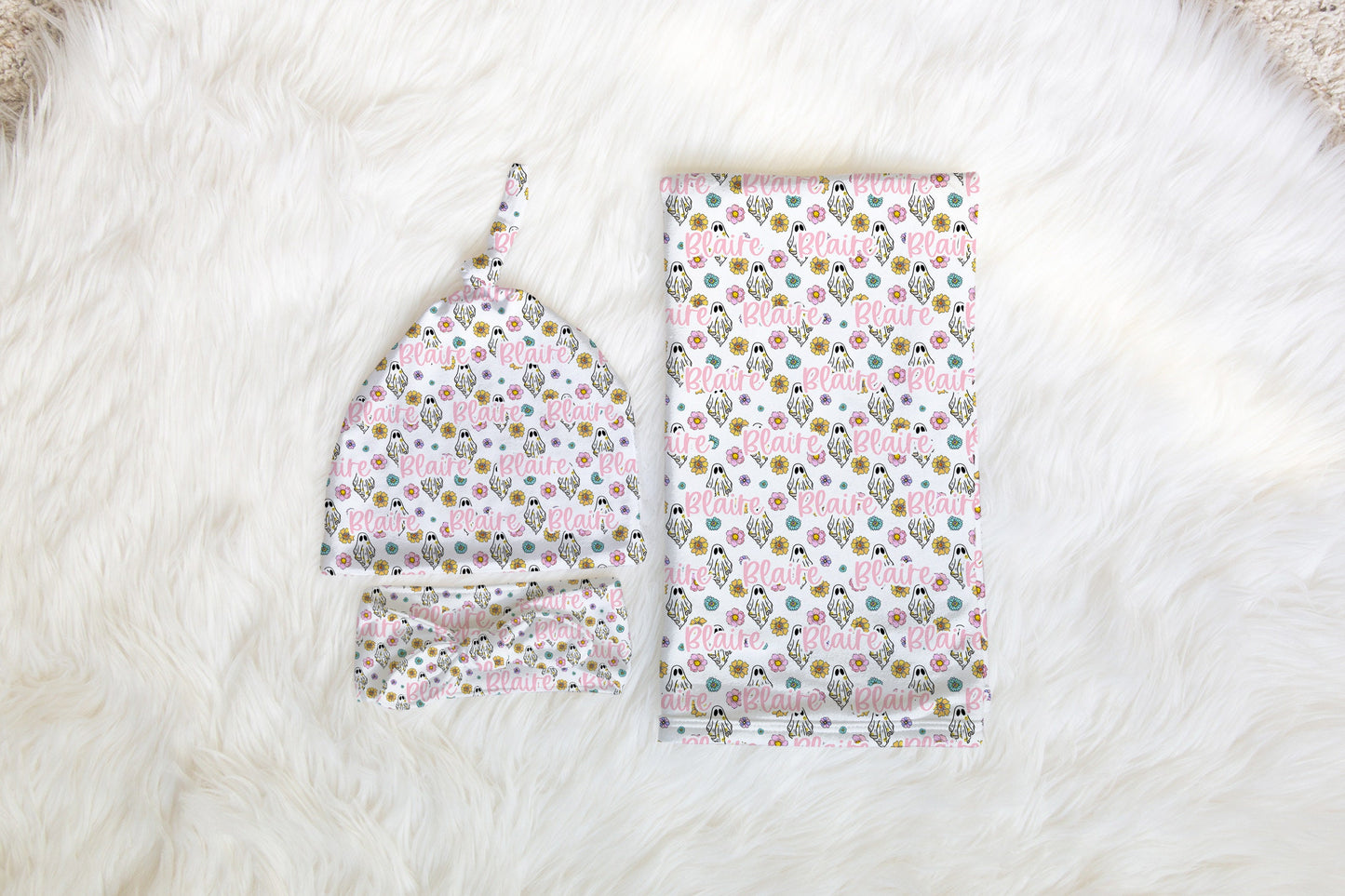 Personalized Halloween Newborn swaddle Bow Set Hat