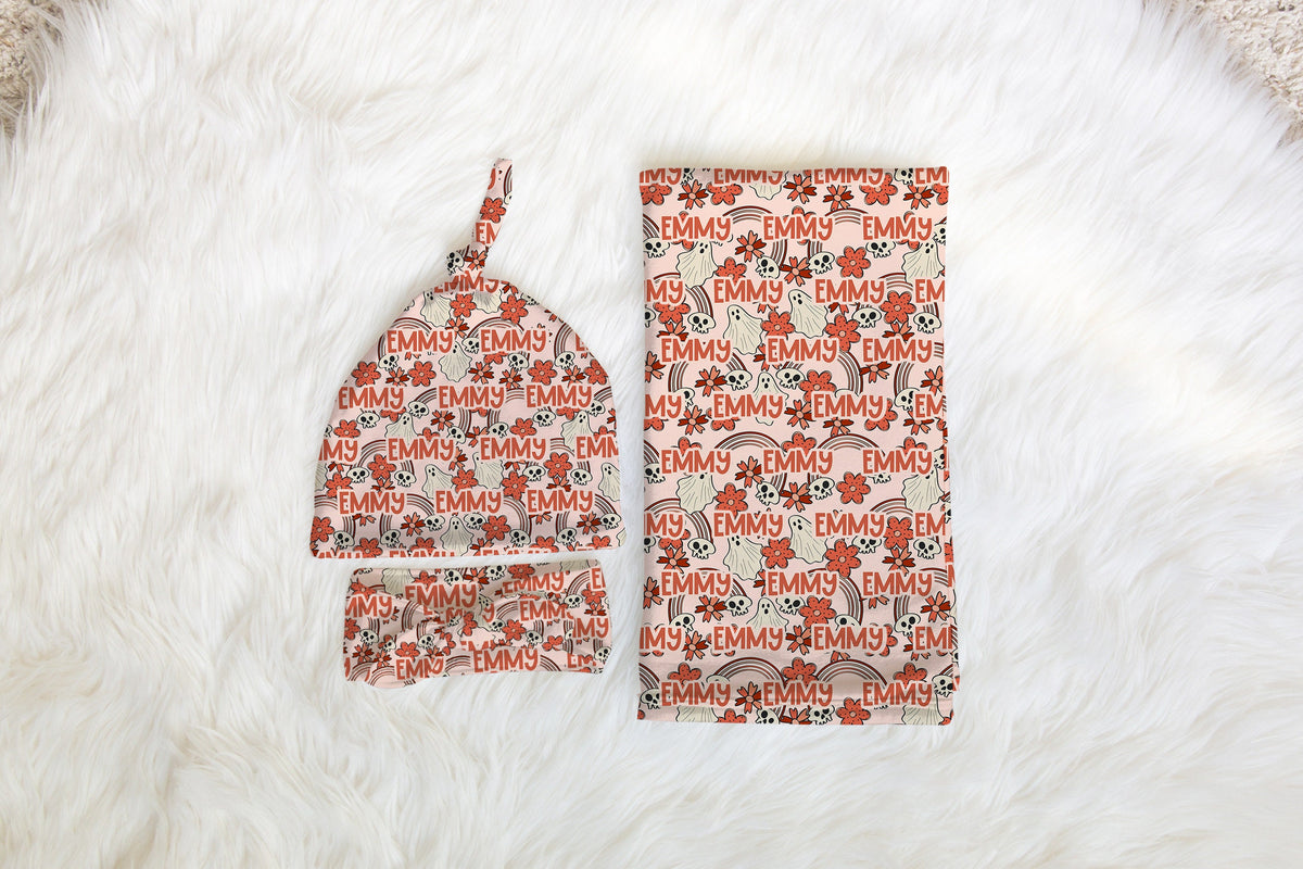 Personalized Boho Halloween Swaddle Set, Orange Floral Skull