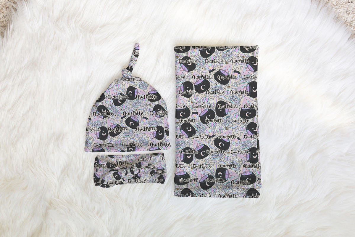 Personalized Purple Halloween Swaddle Set Witchy
