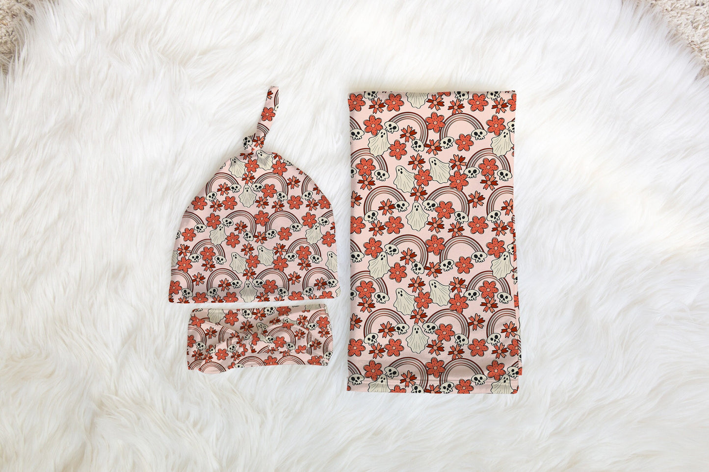 Personalized Boho Halloween Swaddle Set, Orange Floral Skull