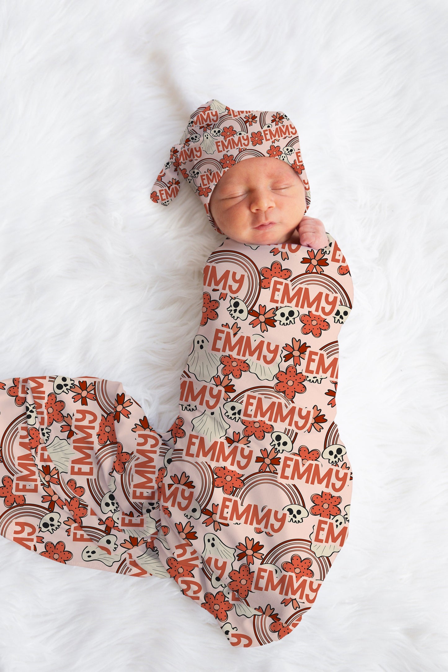 Personalized Boho Halloween Swaddle Set, Orange Floral Skull