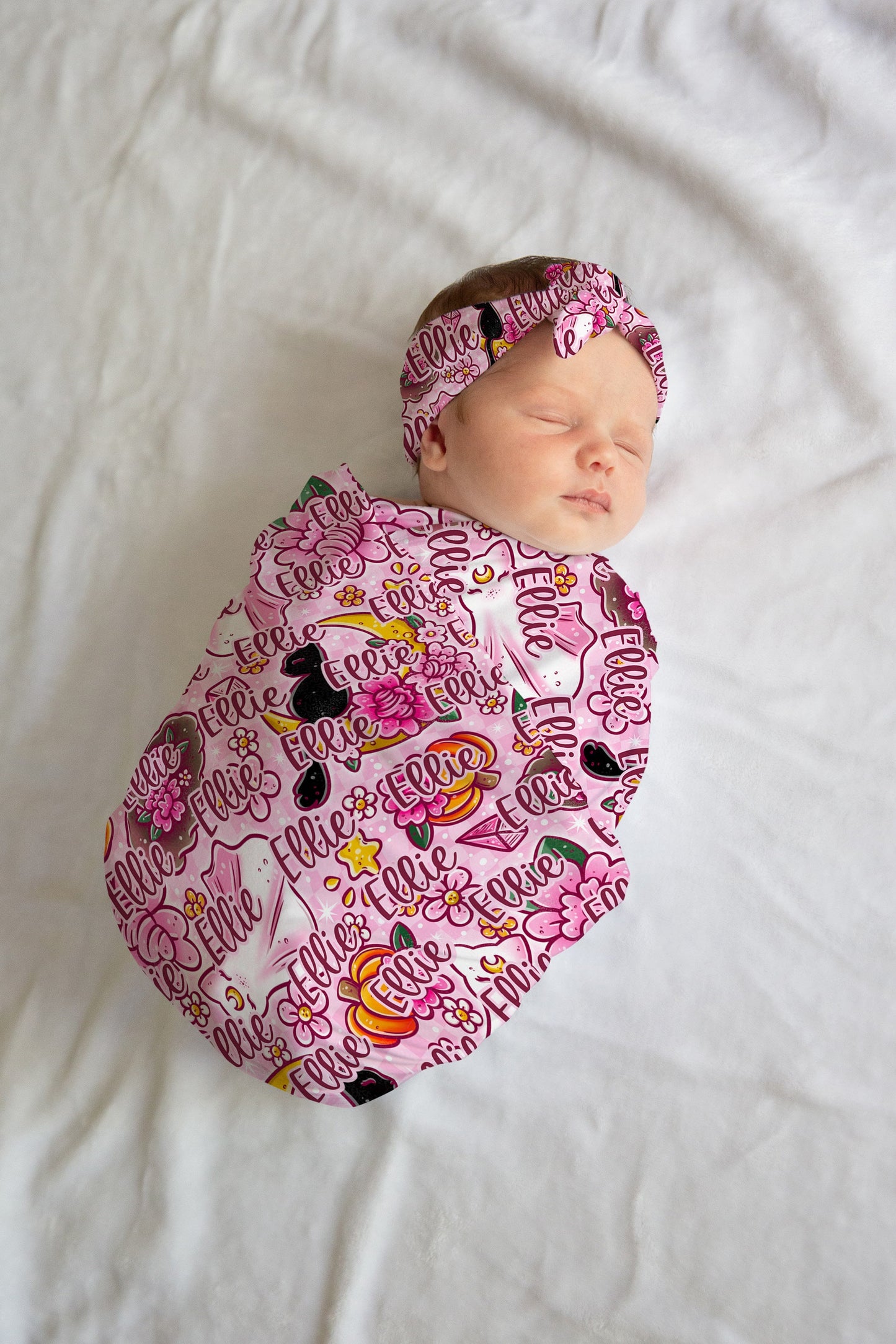 Personalized Halloween Swaddle Set Pink Witchy Cats