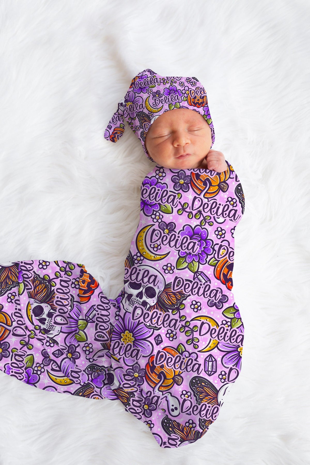 Personalized Halloween swaddle set Purple Skulls