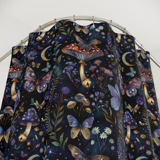 Dark Cottagecore Black Botanical Shower Curtain, Moody Dark Academia, Vintage Apothecary Witchy Eclectic Maximalist Bathroom Decor
