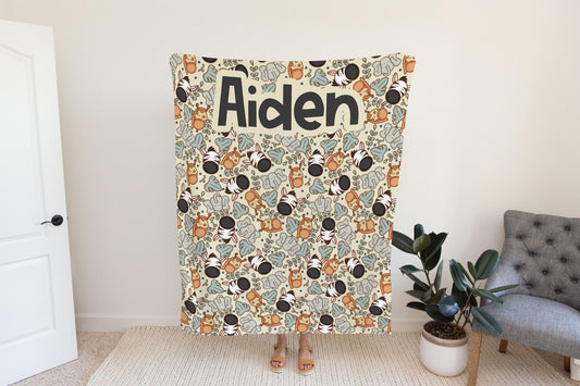 Personalized blanket for boys, safari animal blanket zoo theme, unisex birthday gift for him, custom name baby blanket baby shower gift
