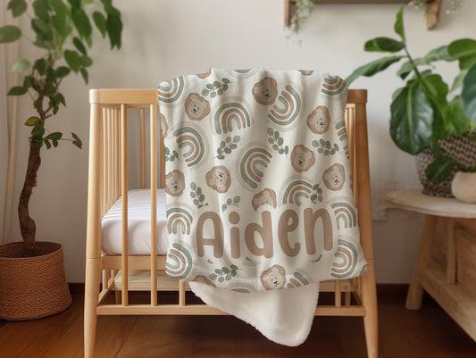 Lion Personalized blanket for boys, rainbow sage green neutral blanket, unisex birthday gift for him, custom name baby blanket baby shower