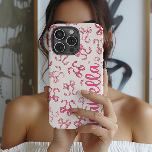Custom Pink Bow phone case iphone 16, 15, 14, 13 Pro Max, MAGSAFE tough Iphone case coquette, preppy personalized phone case trendy girly