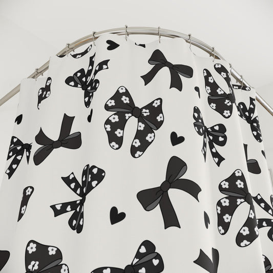 Black and white Bow Shower Curtain, custom trendy coquette bathroom decor, preppy shower curtain, aesthetic bathroom decor personalized