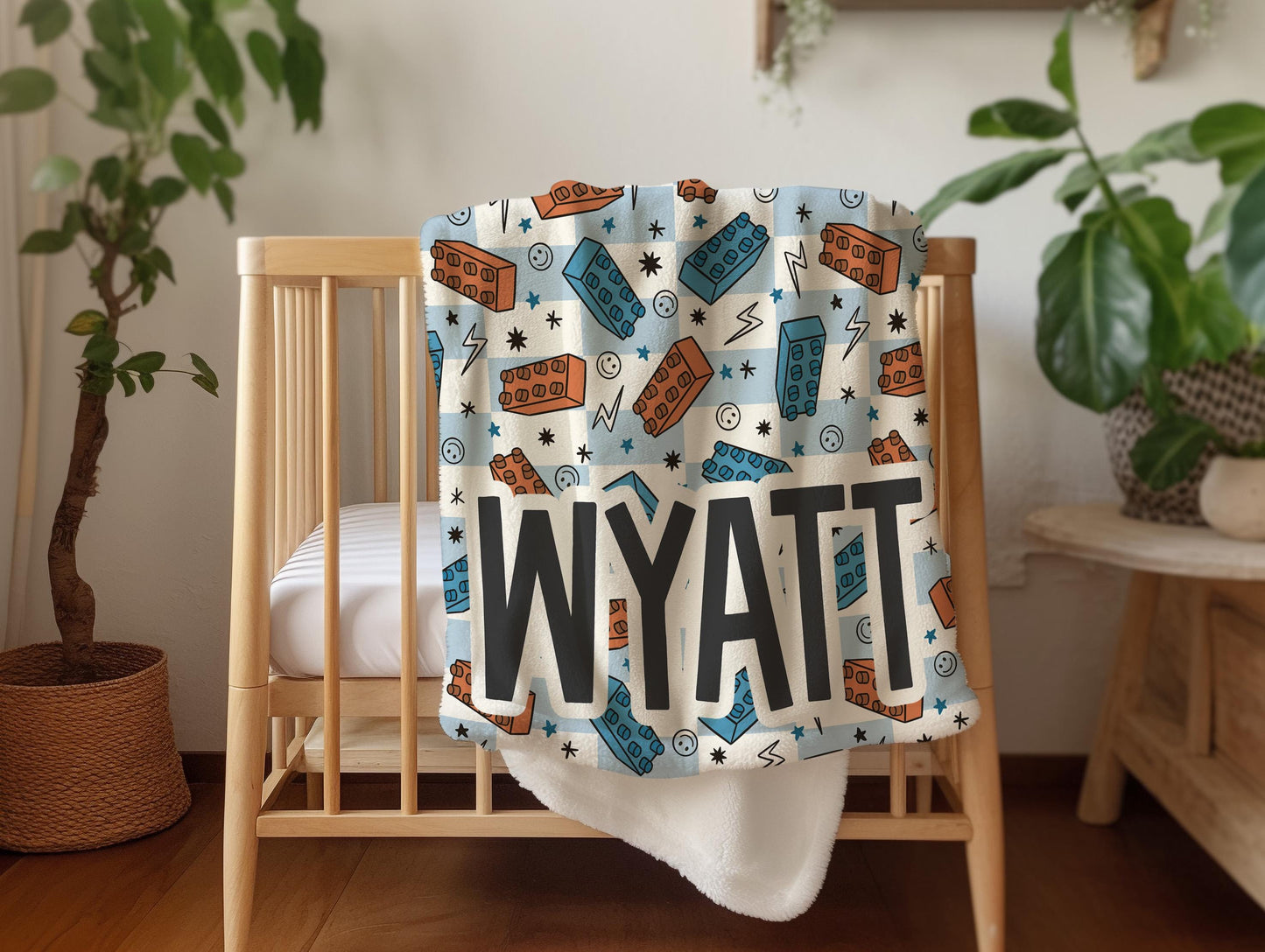 Personalized blanket for boys, blocks blanket, checkered throw, birthday gift for him, custom name baby blanket, baby shower gift