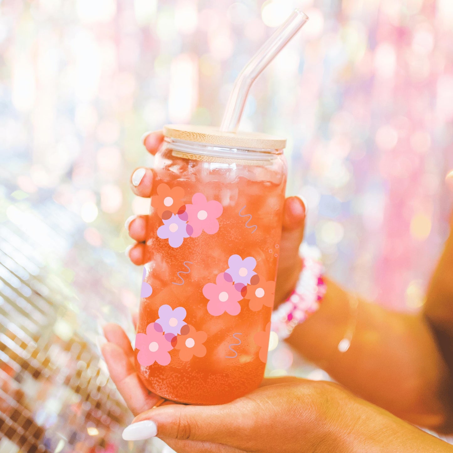 Girly Floral glass cup with bamboo lid glass straw, Cute Cup Beer Can Iced Coffee Glass Cup Cute funny Glass Cup gift for her