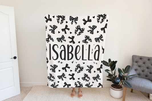 Personalized coquette black bow Blanket, coquette room decor, preppy stuff room decor, trendy bow baby blanket, bow decor