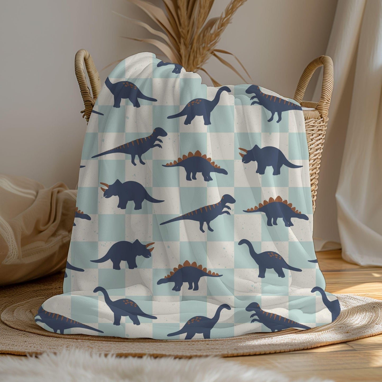 Dinosaur blanket for boys, personalized blanket, checkered throw, birthday gift for him, custom name baby blanket, baby shower gift
