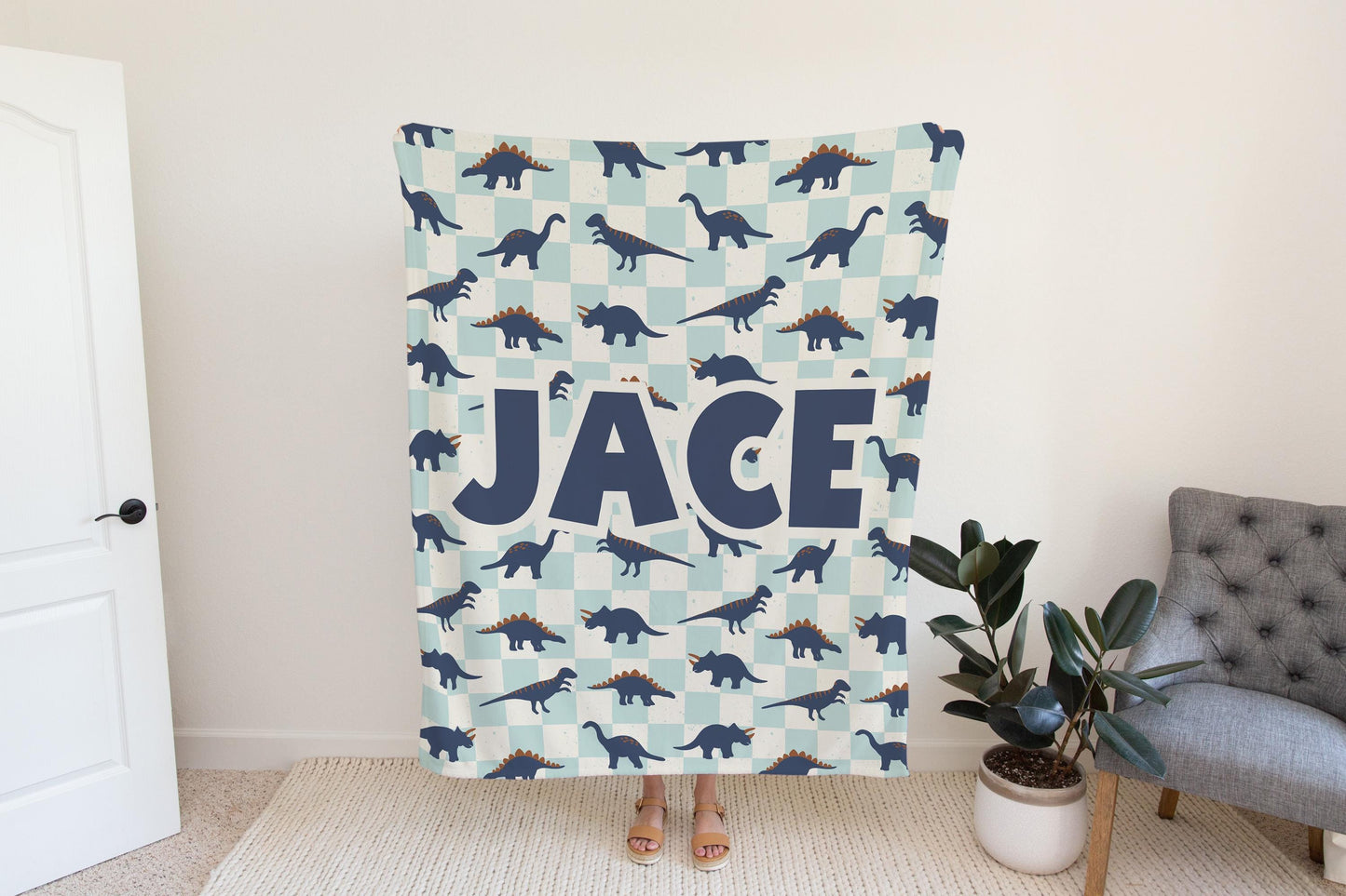 Dinosaur blanket for boys, personalized blanket, checkered throw, birthday gift for him, custom name baby blanket, baby shower gift