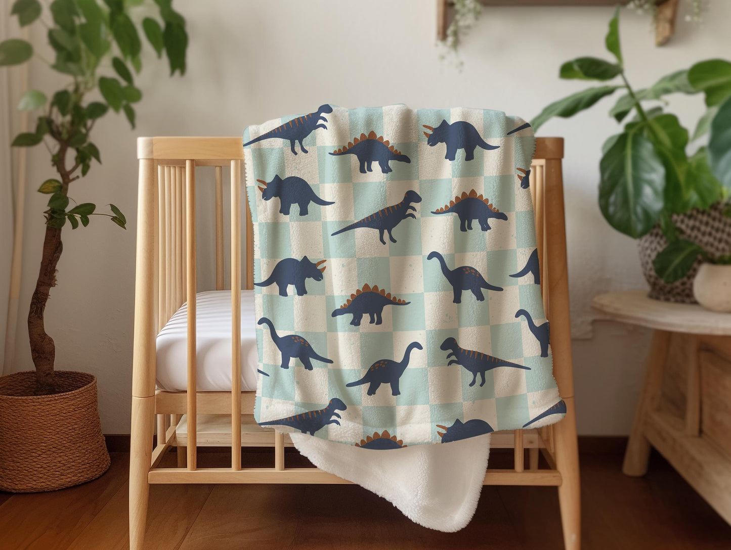 Dinosaur blanket for boys, personalized blanket, checkered throw, birthday gift for him, custom name baby blanket, baby shower gift