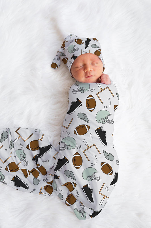 Personalized Baby Girl Swaddle Blanket Hat Set, football swaddle, sports hospital reveal outfit baby boy baby shower gift receiving blanket