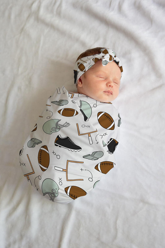 Personalized Baby Boy Swaddle Blanket Hat Set, football swaddle, sports hospital reveal outfit baby boy baby shower gift receiving blanket