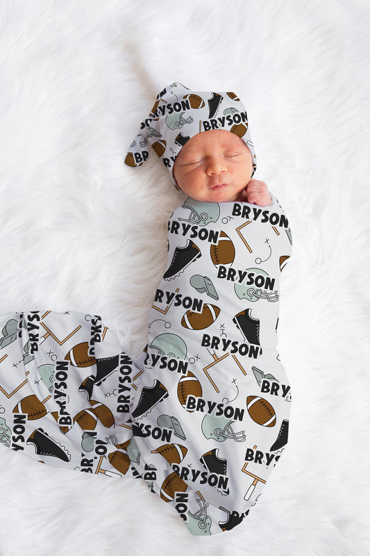 Personalized Baby Boy Swaddle Blanket Hat Set, football swaddle, sports hospital reveal outfit baby boy baby shower gift receiving blanket