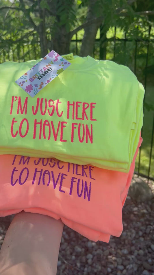 Im Just Here to Have Fun Embroidered 3/4 comfort color crop top